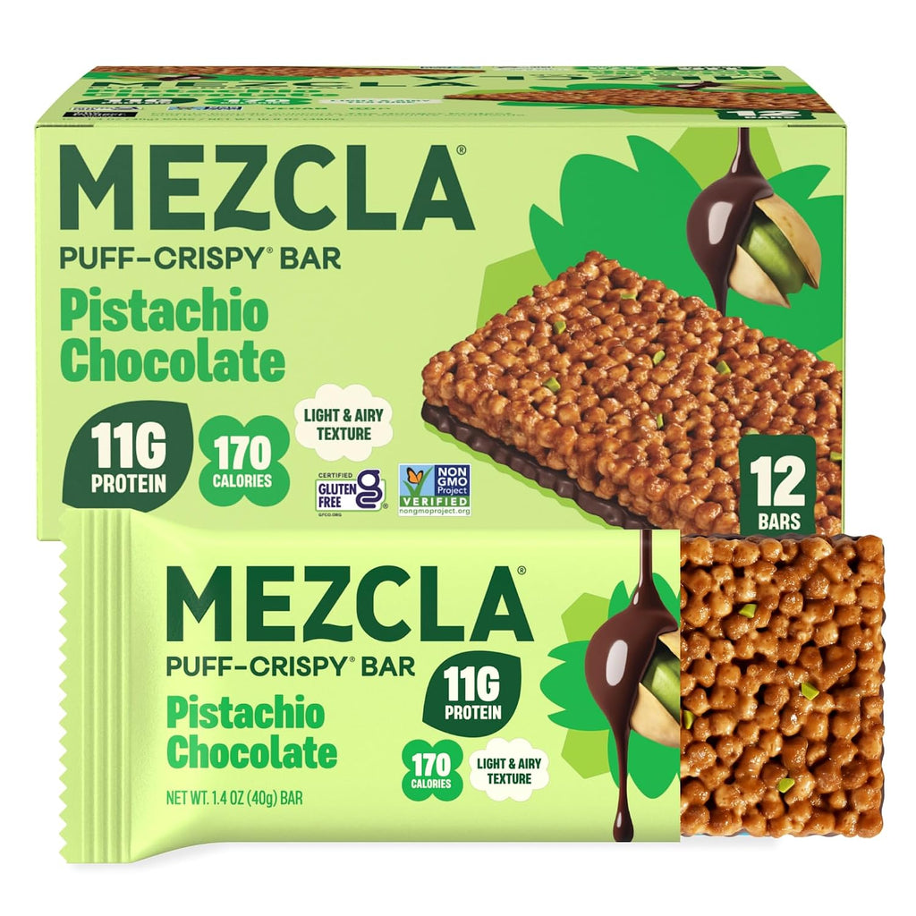 Mezcla Pistachio Chocolate Puff Crispy Vegan Bars, 11g Protein, 12 Bars