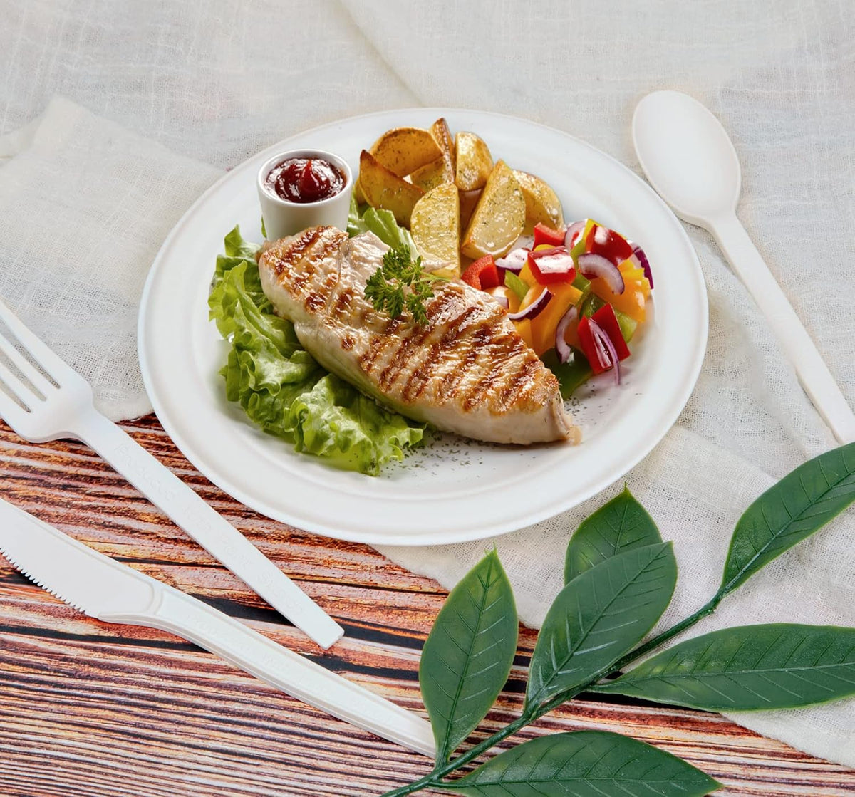 Unves 250 Pcs Compostable Paper Plates Set with Extra Long Utensils, White