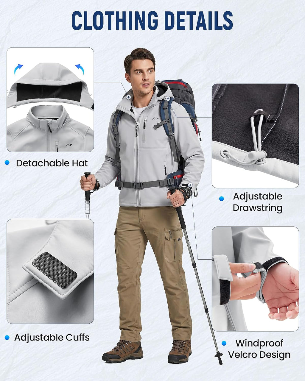 WULFUL Men's Softshell Jacket Waterproof Lightweight Insulated Windbreaker Fleece Lined Rain Shell Jacket for Hiking Travel