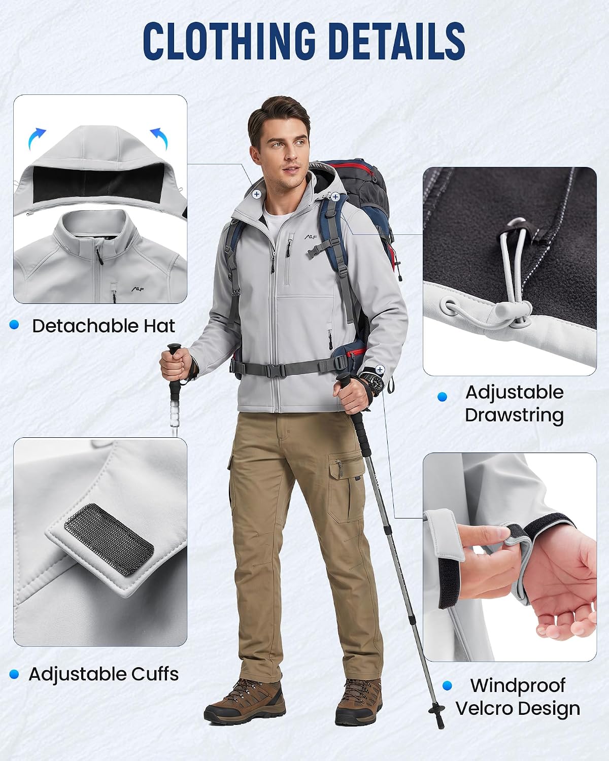 WULFUL Men's Softshell Jacket Waterproof Lightweight Insulated Windbreaker Fleece Lined Rain Shell Jacket for Hiking Travel