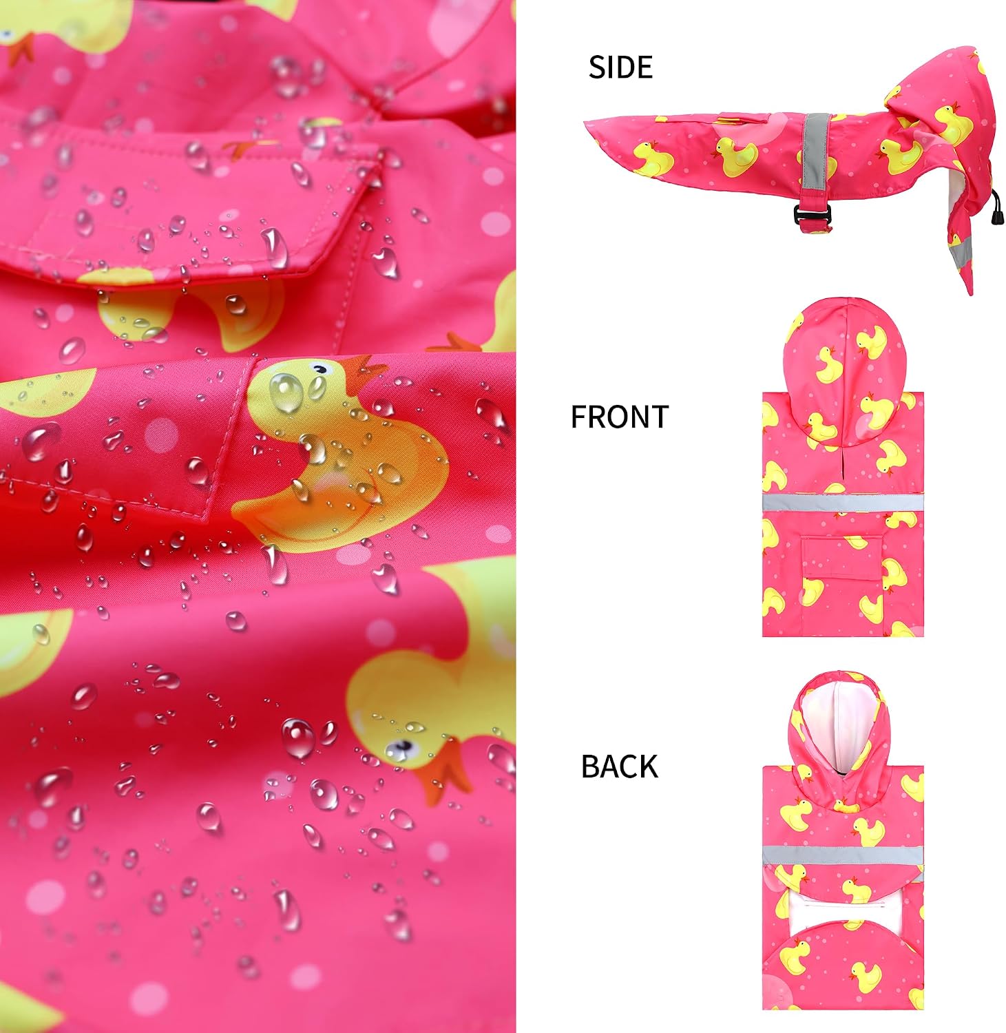 DELIFUR Large Dog Raincoat- Waterproof Dog Rain Poncho Adjustable Double Layer Rain Jacket with Hood for Medium Large Dogs Designed with Leash Hole Reflective Strip and Ducks (Pink Duck, Large)