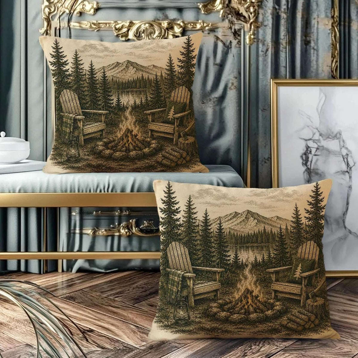 Rustic Cabin Campfire Throw Pillow Covers 18x18 Set of 2 | Mountain Lake House Decorative Cushion Covers | Pine Forest Woodland Lodge Pillow Cases for Couch Sofa Bed Living Room