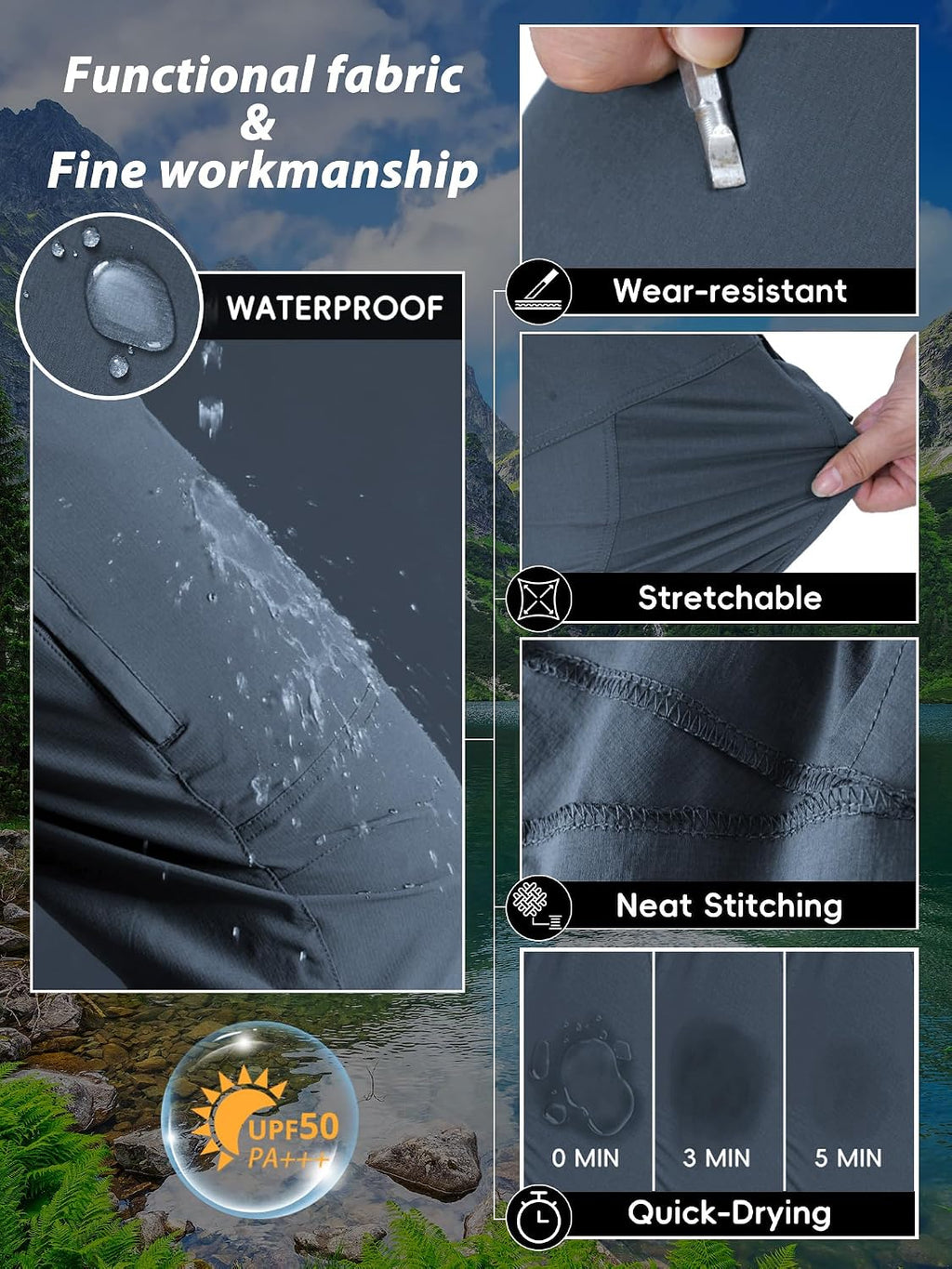 Mens Hiking Pants Lightweight Cargo Work Tactical Nylon Stretch Waterproof Quick Dry Fishing Travel Outdoor 6 Pockets