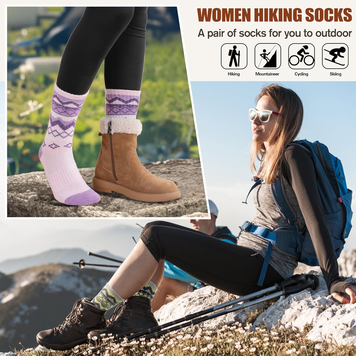 EBMORE Womens Merino Wool Hiking Socks Thermal Warm Winter Crew Cushion Work Boot Outdoor Socks 5 Pairs