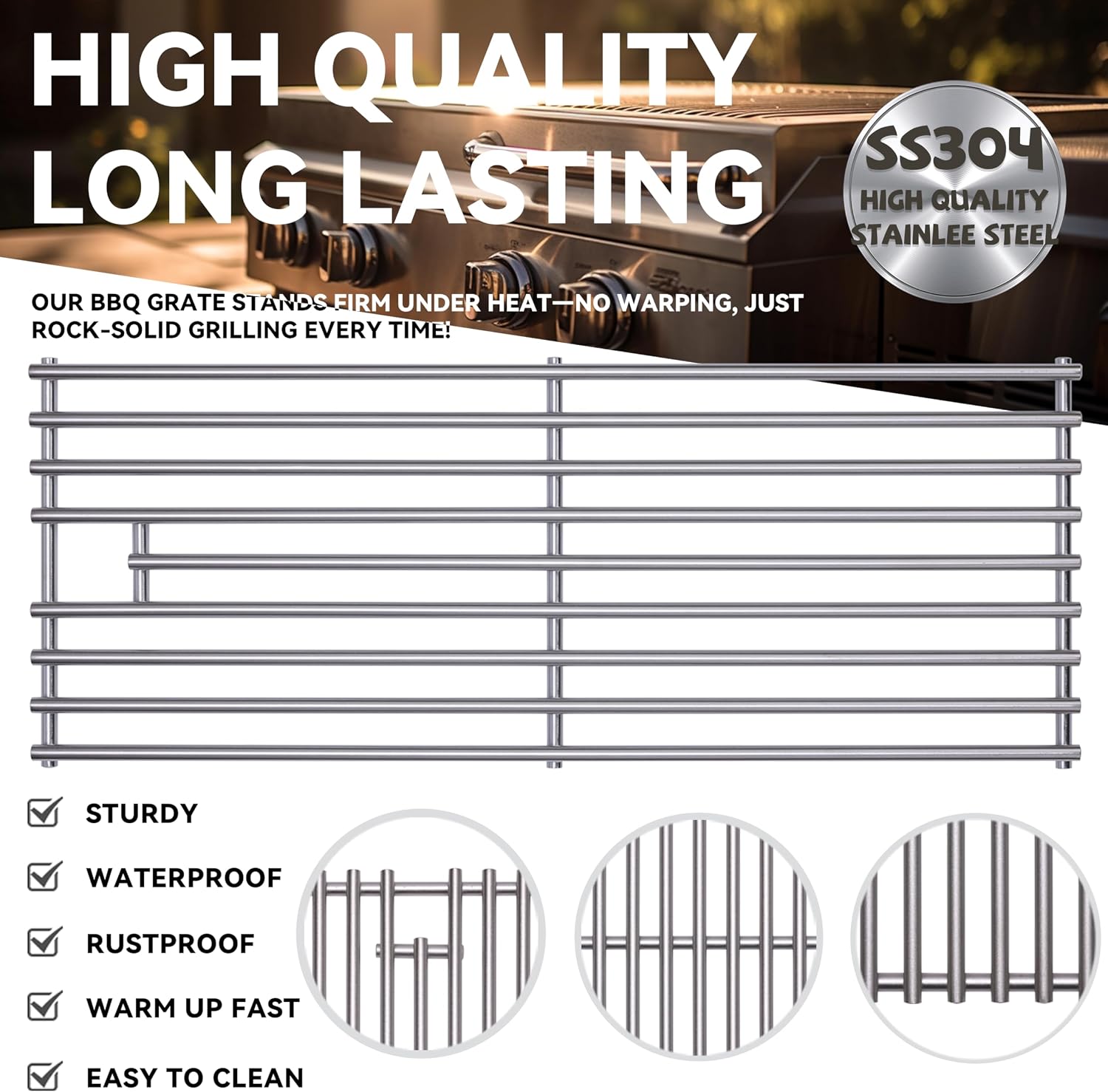 Upgrade 4 Pack 8mm 304 Stainless Steel BBQ Cooking Grill Grate Replacement Parts for Bull 16517,BBQ Angus 47628, Brahma, Lonstar Select, Outlaw Steer Premium, Lonestar Select,7 Burner Premium