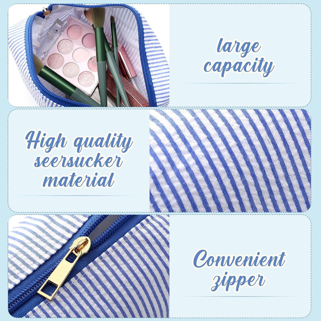 Sanwuta 12 Pcs Seersucker Cosmetic Bags Bulk, Striped Zippered,Blue