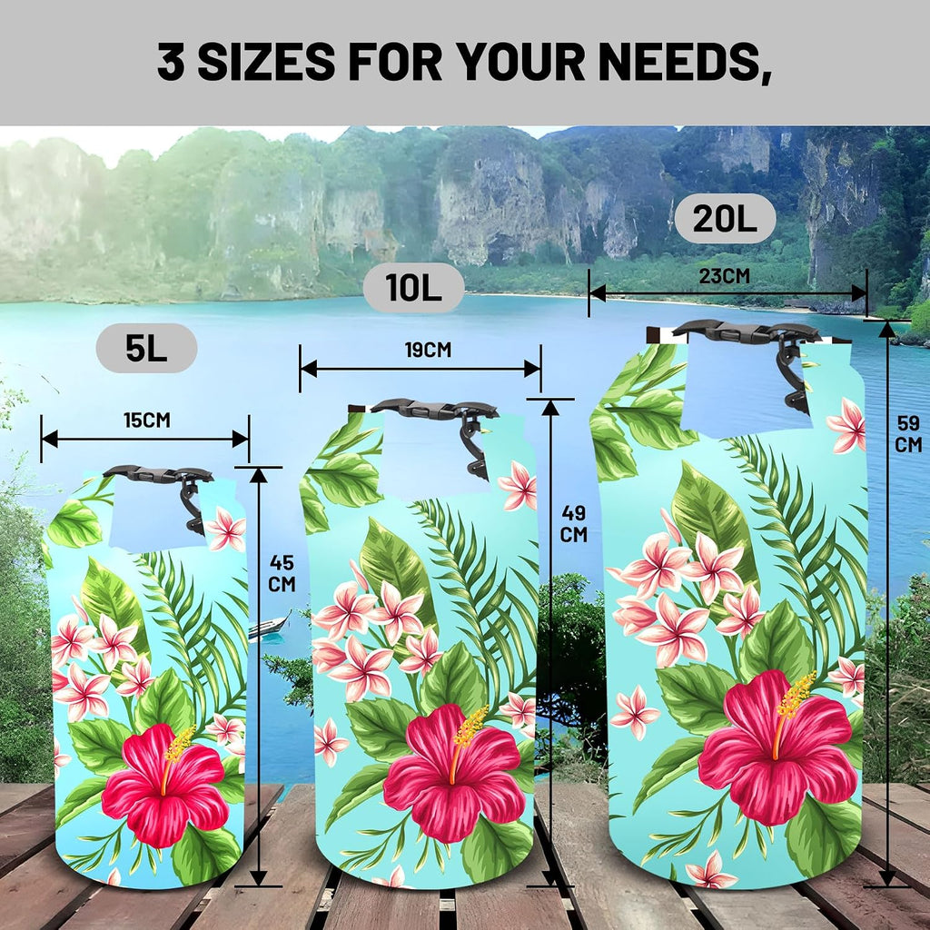 5L Waterproof Dry Bag, Tropical Summer Watercolor Hibiscus Backpack