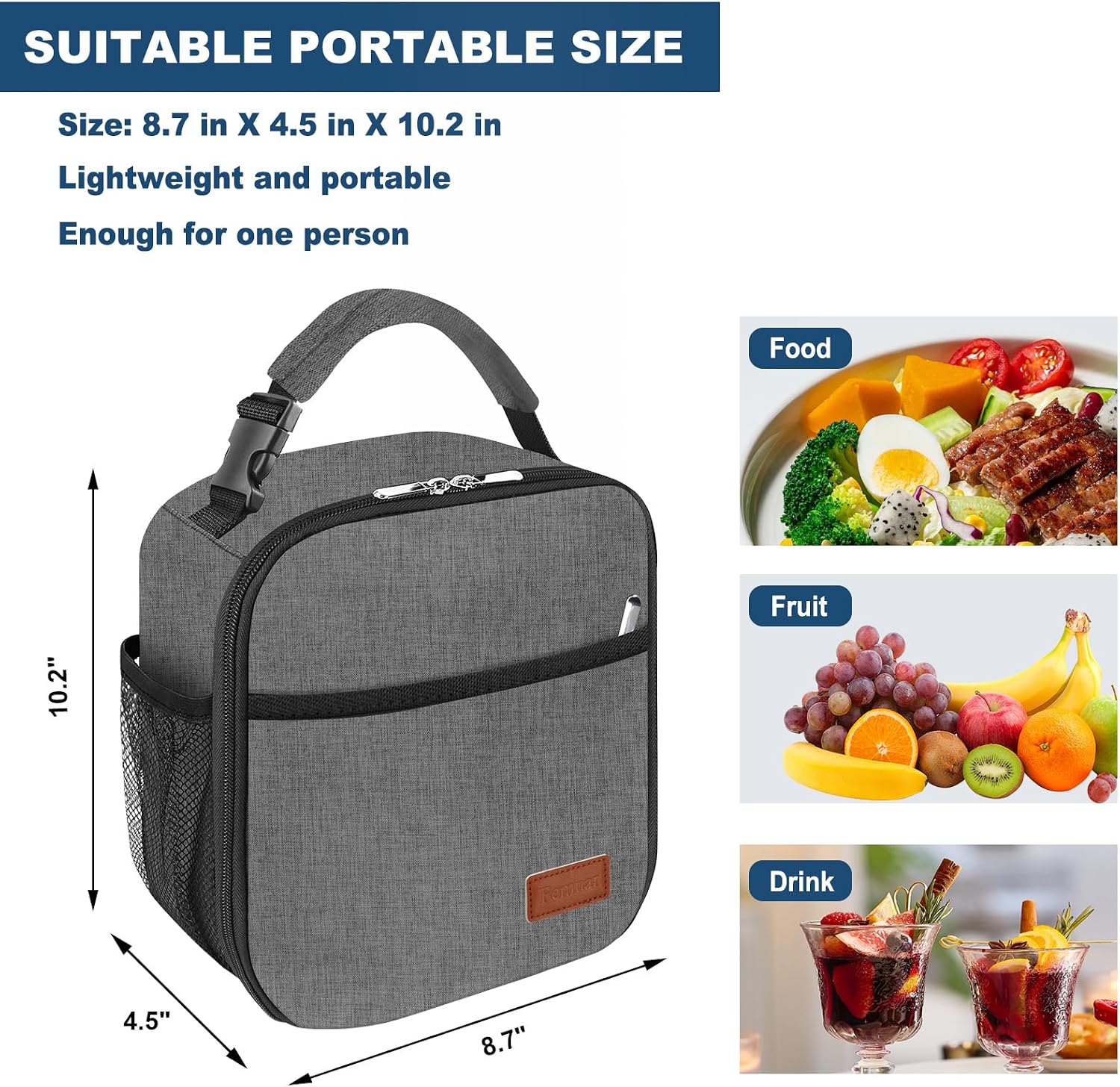 Femuar Lunch Box for Men Women Adults, Small Lunchbox for Work Picnic - Reusable Lunch bag Portable Lunch tote, Charcoal Grey