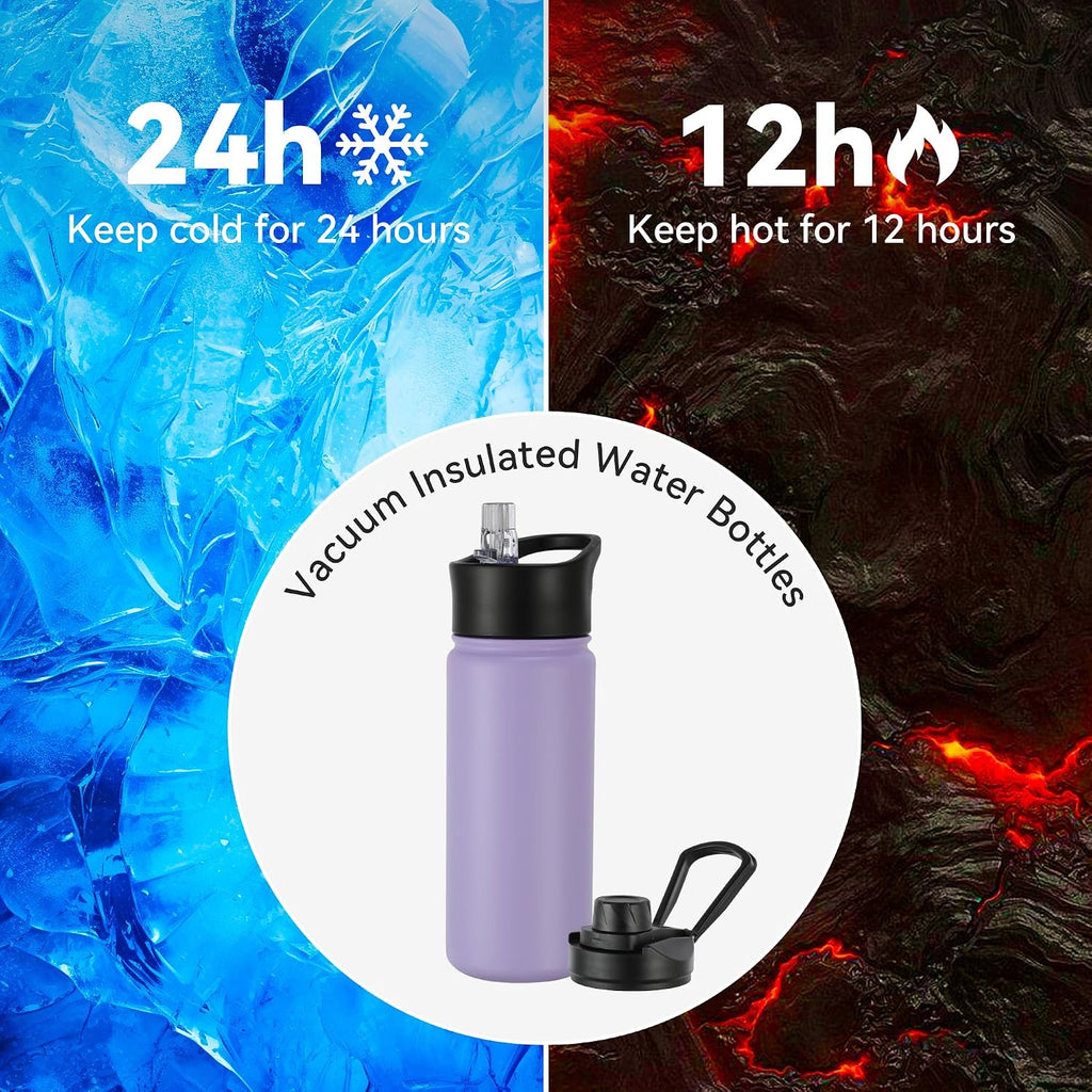 16 oz Insulated Water Bottle with Straw Lids, Stainless Steel Kids Water Bottles for School, Double Wall Vacuum Metal Water Bottle with Straw & Wide Mouth Lid, Lavender 1 Pack