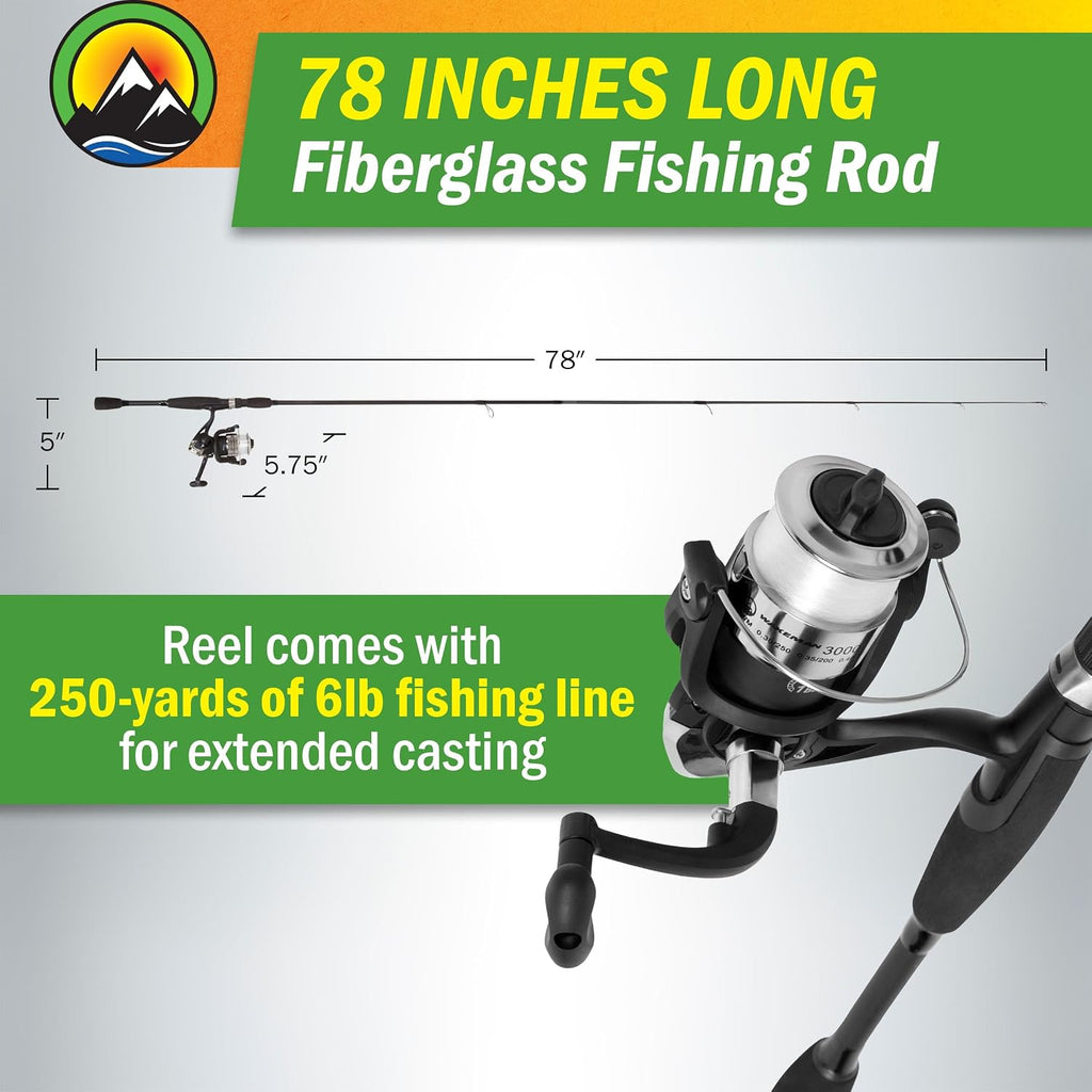 Fiberglass Fishing Pole - Strike Series 78-Inch Collapsible Rod and Spinning Reel Combo, EVA Handle, Pre-Spooled Reel, Fishing Gear for Catching Walleye, Bass, Trout, and More by Wakeman