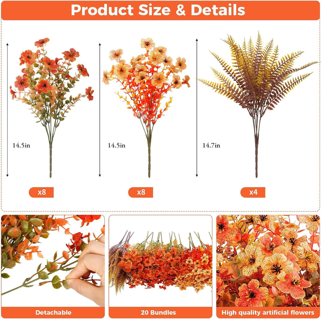 20 Pcs Artificial Fall Flowers for Outdoors Fake Mums, Mixed Orange