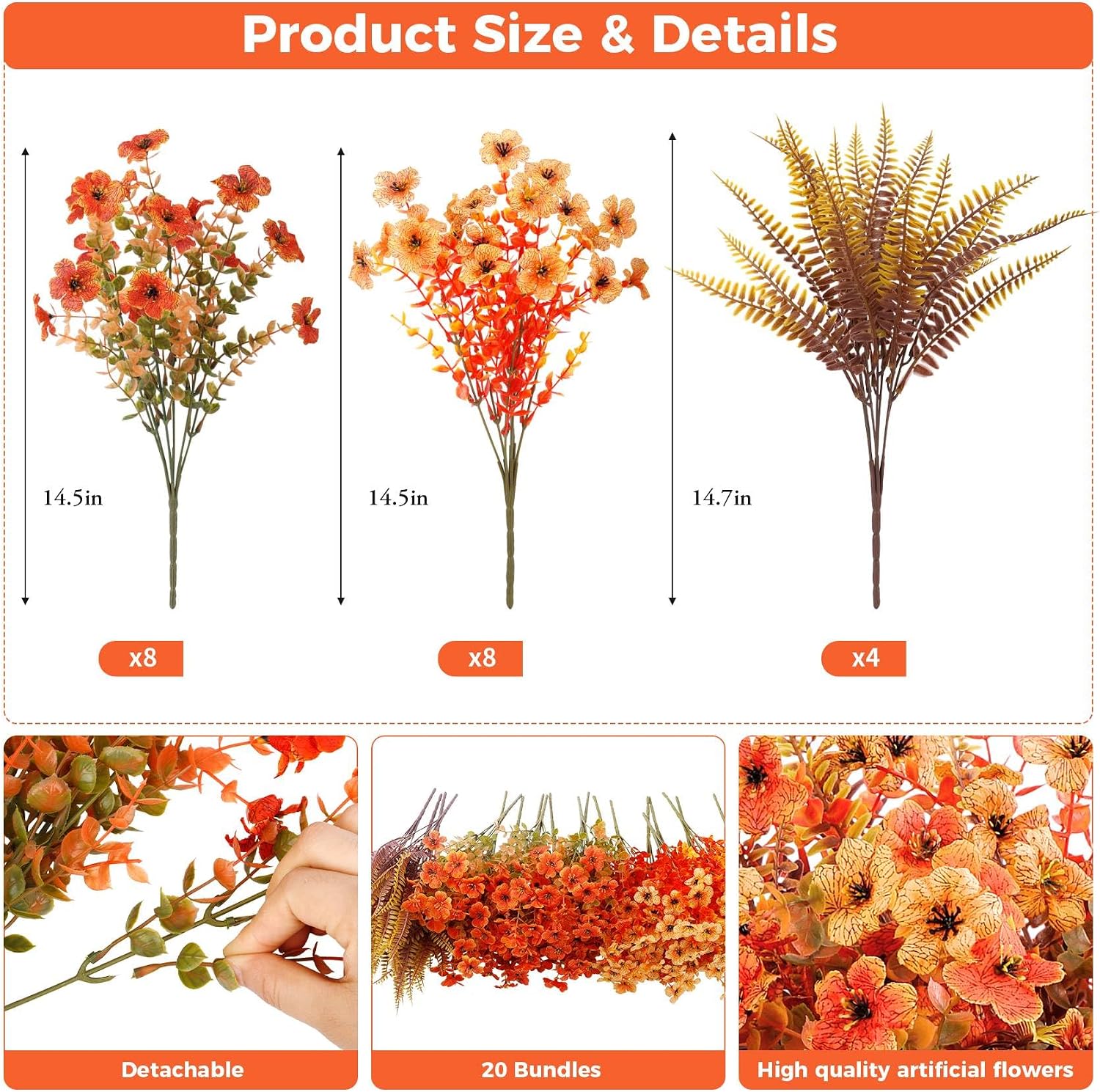 20 Pcs Artificial Fall Flowers for Outdoors Fake Mums, Mixed Orange