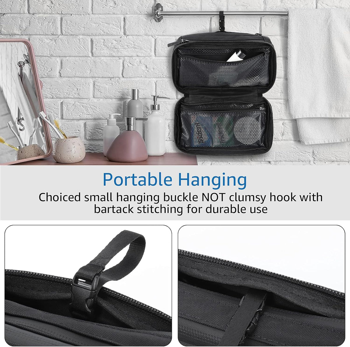 Purevave Compact Mens Toiletry Travel Bag Hanging, Mens Dopp Kit for Travel Waterproof, Wash Pouch Black