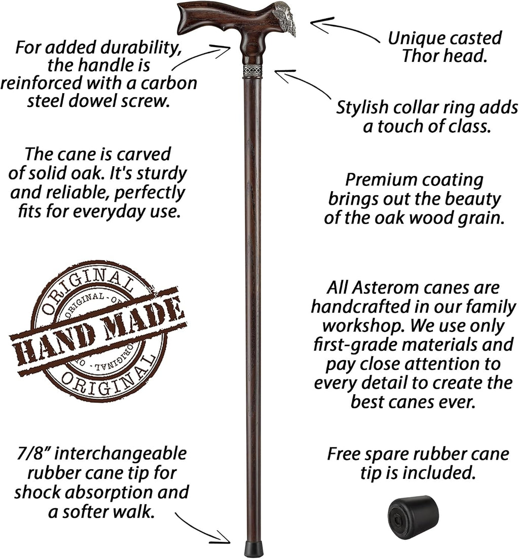 Asterom Wooden Canes for Men, Handcrafted Men's Walking Cane, Oak Wood