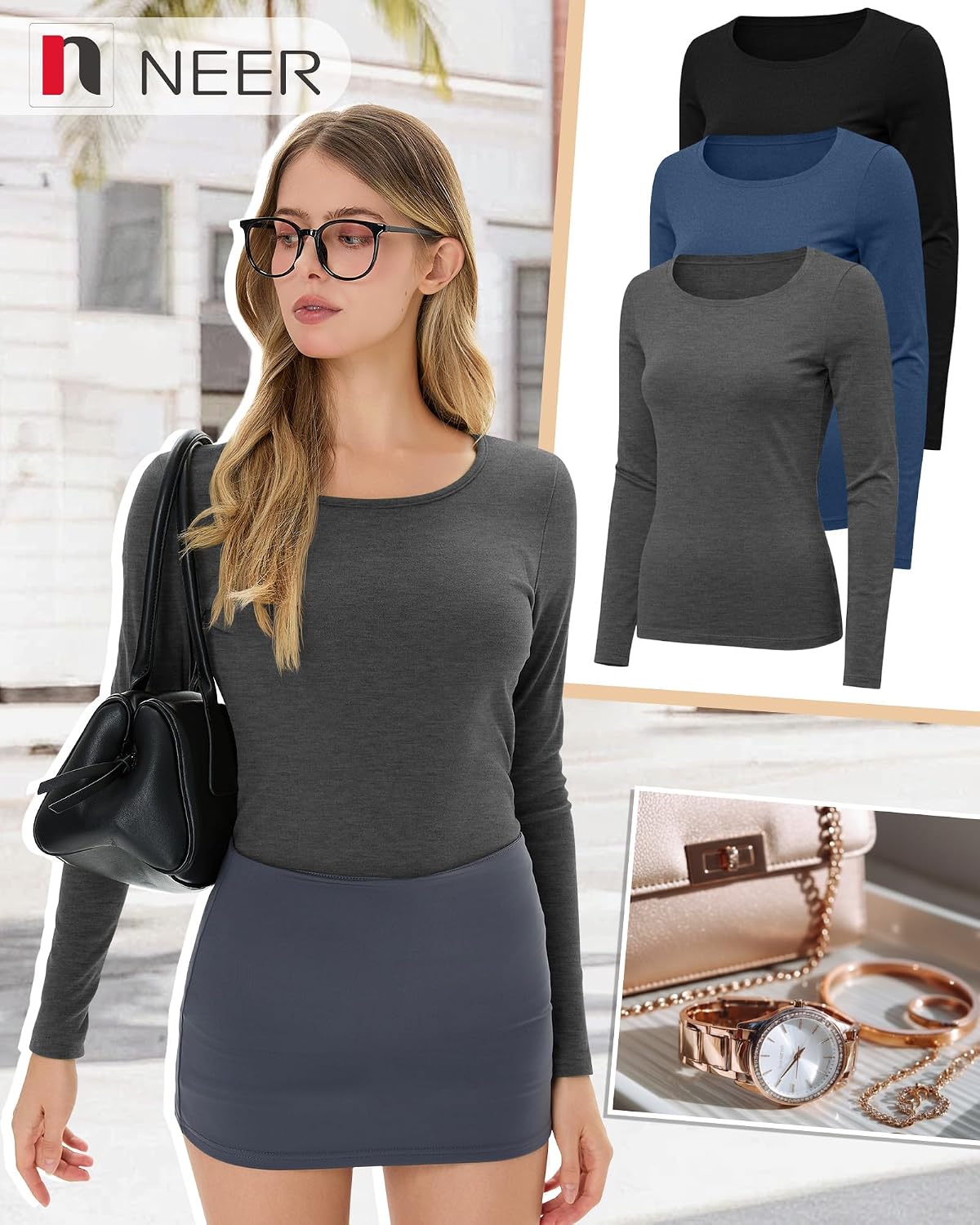 Neer 3 Pack Womens Thermal Shirts Crew Neck Fleece Lined Tops