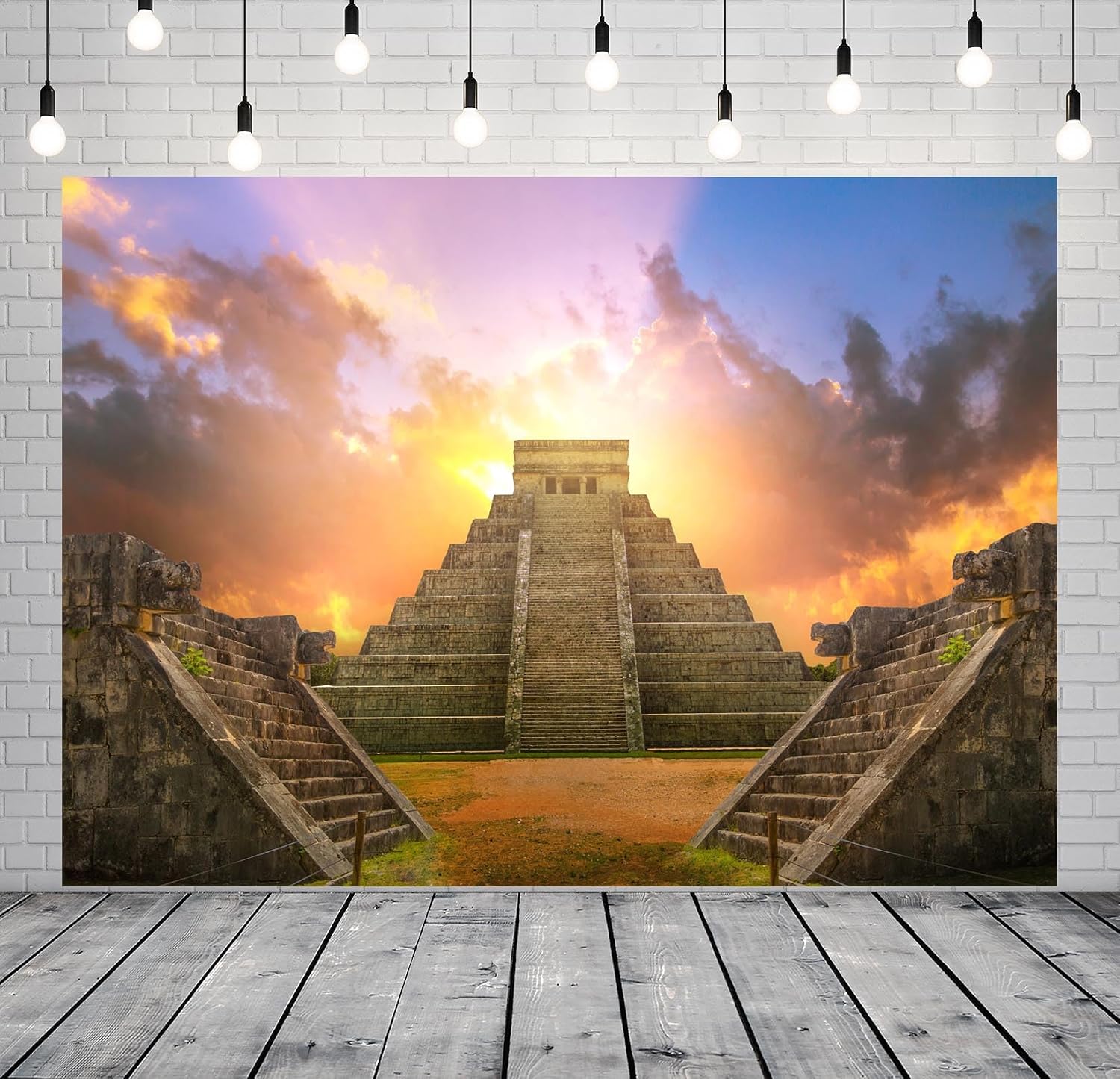 5x3ft Fabric Maya Chichen Itza Pyramid Backdrop for Photography Sunset Ancient Mayan Architecture Ruins Mexico Culture Historical Building Scenic Background Travel Party Photo Booth Props