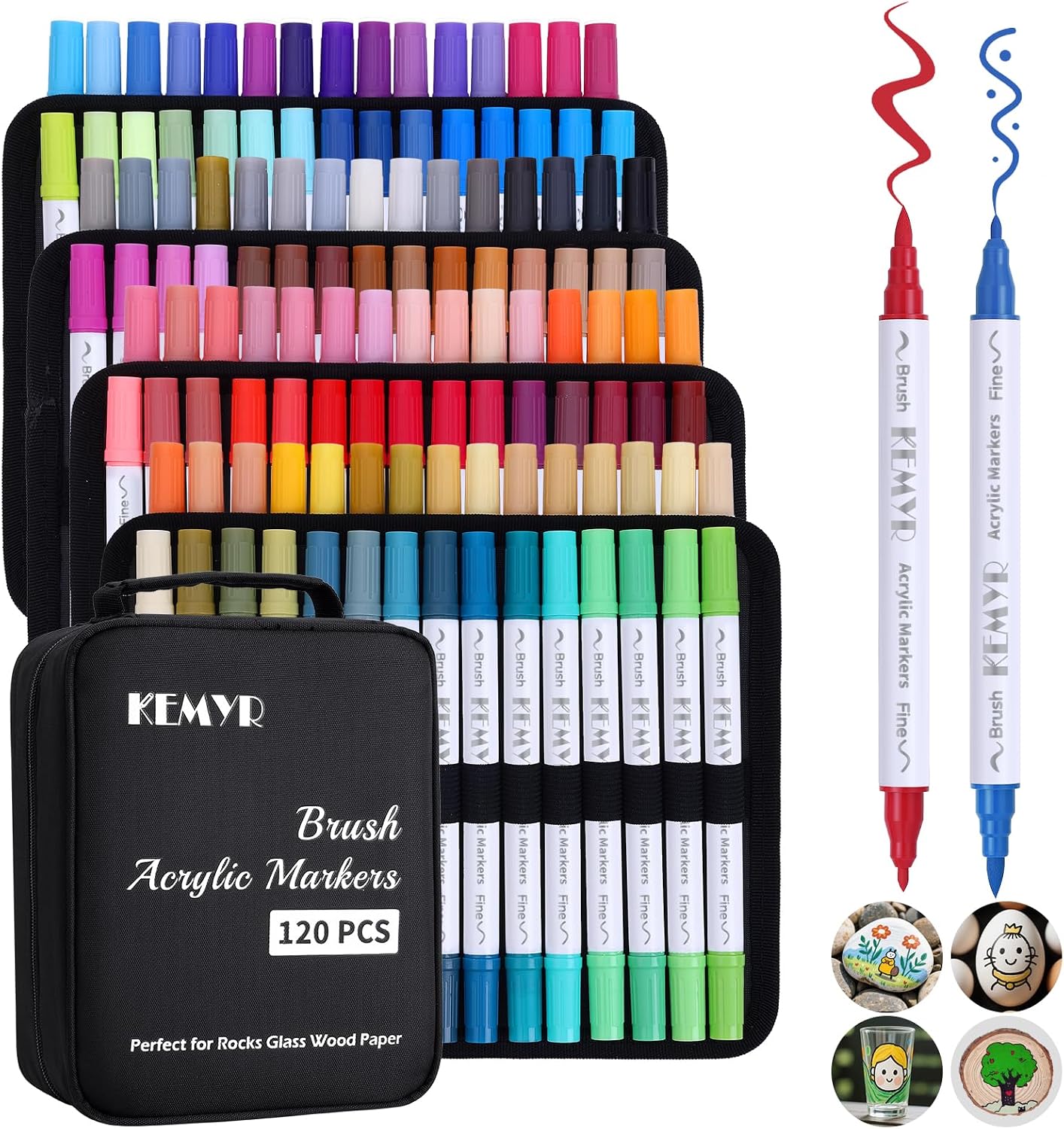 KEMYR 120 Colors Brush & Fine Tip Acrylic Paint Pens, Dual Tip Acrylic Paint Markers for Paper, Wood, Canvas, Stone, Rock, Glass, Fabric, DIY, Ceramic, Art Supplies for Adults Drawing