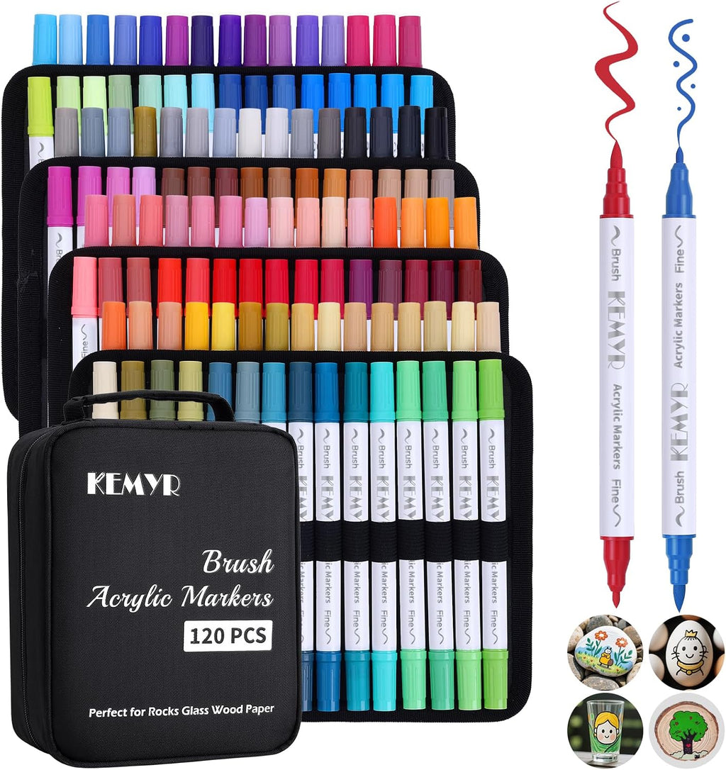 KEMYR 100 Colors Brush & Fine Tip Acrylic Paint Pens, Dual Tip Acrylic Paint Markers for Paper, Wood, Canvas, Stone, Rock, Glass, Fabric, DIY, Ceramic, Art Supplies for Adults Drawing