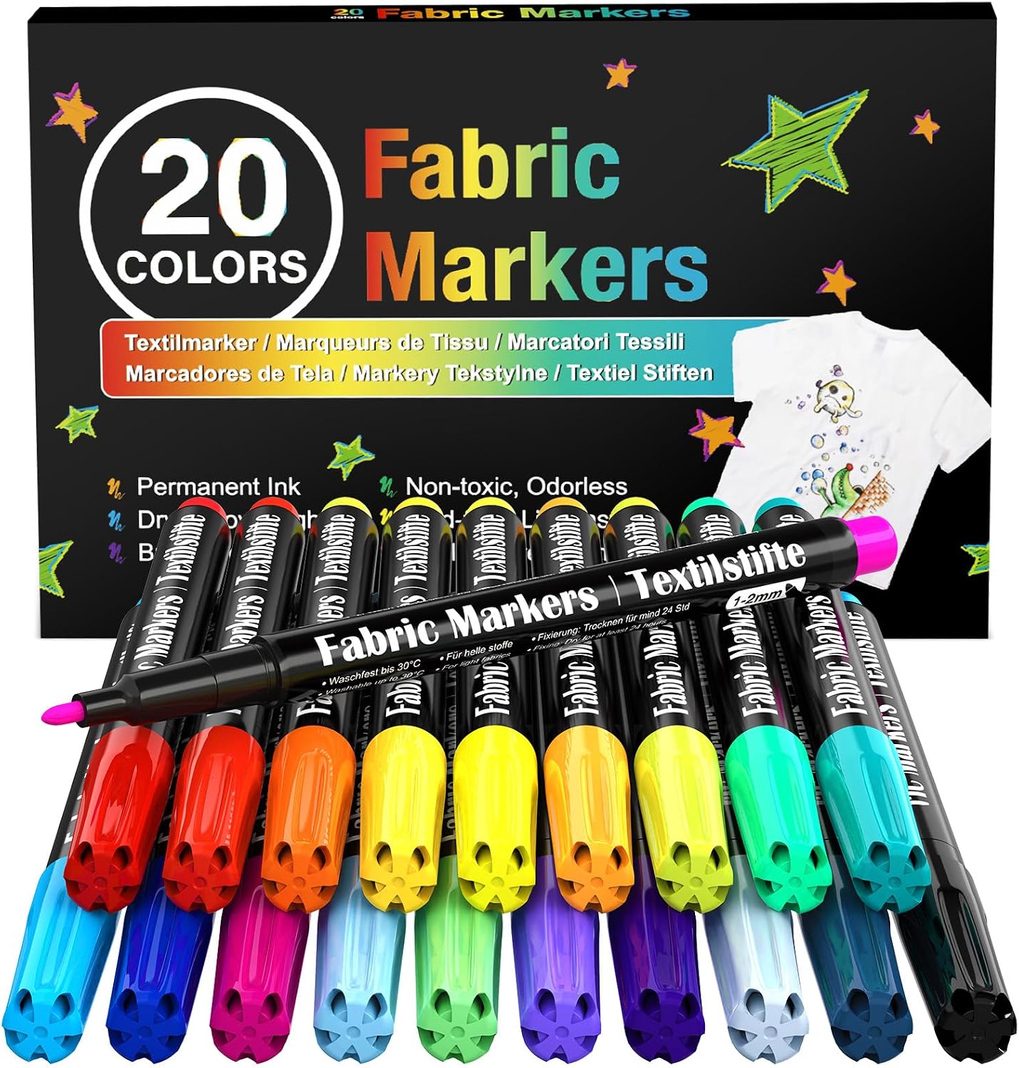 JR.WHITE Fabric Markers Permanent for Clothes Sneaker Shoes T Shirt Onesies Bibs Bodysuit Pillow Canvas Tote Bags Teen Adults Fabric Decorating, Fine Point Pen Fabric Paint Pens Set of 48 Colors