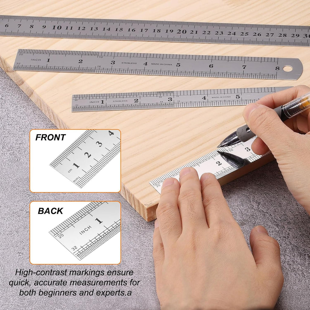 HARFINGTON 12 Pcs Steel Ruler 8" x1-1/32 Machinist Metal Ruler Carbon Steel Metric Straight Edge Measuring Tools 0.4mm Thick for Engineering Architect Drawing Home Office