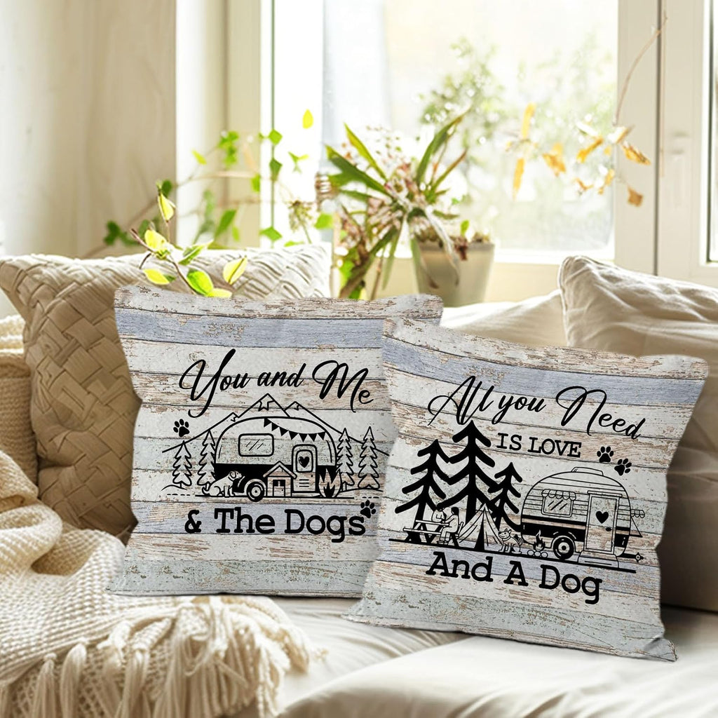 Camping Rv Pillow Covers 18x18 Set of 2, Camper Dog Campsite Pillow Covers for Home Bedroom Couch, You and Me and The Dogs,Camping Gifts for Women