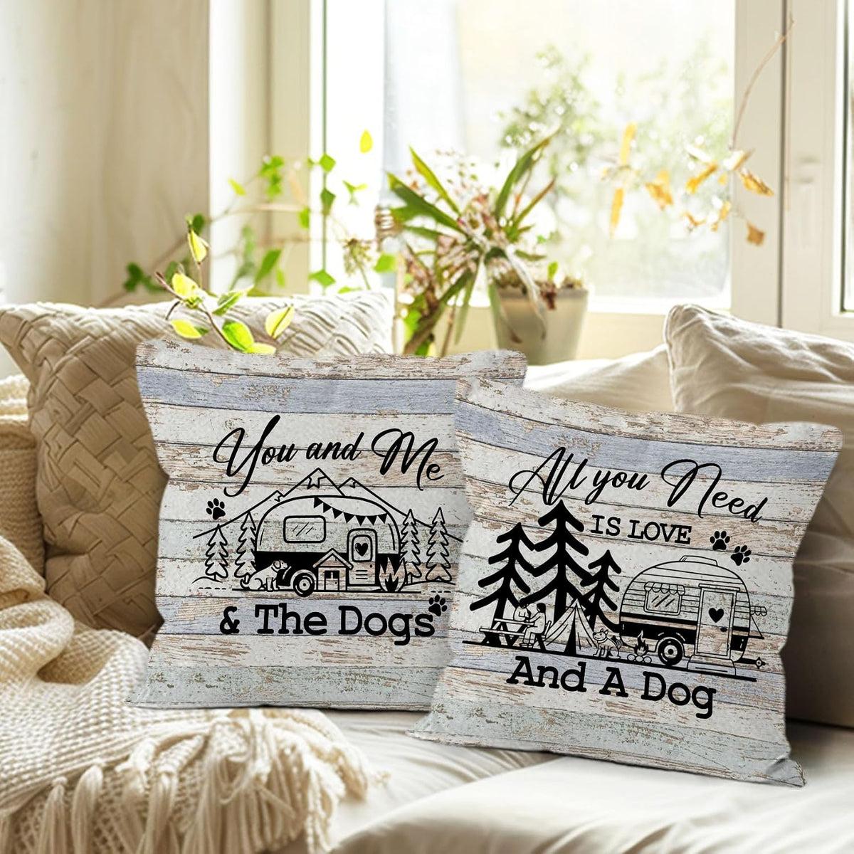 Camping Rv Pillow Covers 18x18 Set of 2, Camper Dog Campsite Pillow Covers for Home Bedroom Couch, You and Me and The Dogs,Camping Gifts for Women