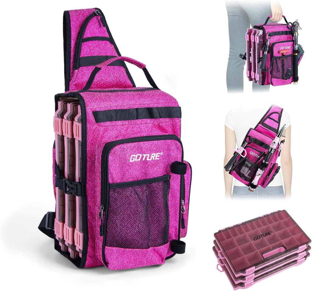 Goture OpenSide Tactical Sling Tackle Bag with 3 Tackle Trays, Lightweight Fishing Backpack Storge Fishing Gear -Shimmering Pink Bag Outdoor,Gift for women