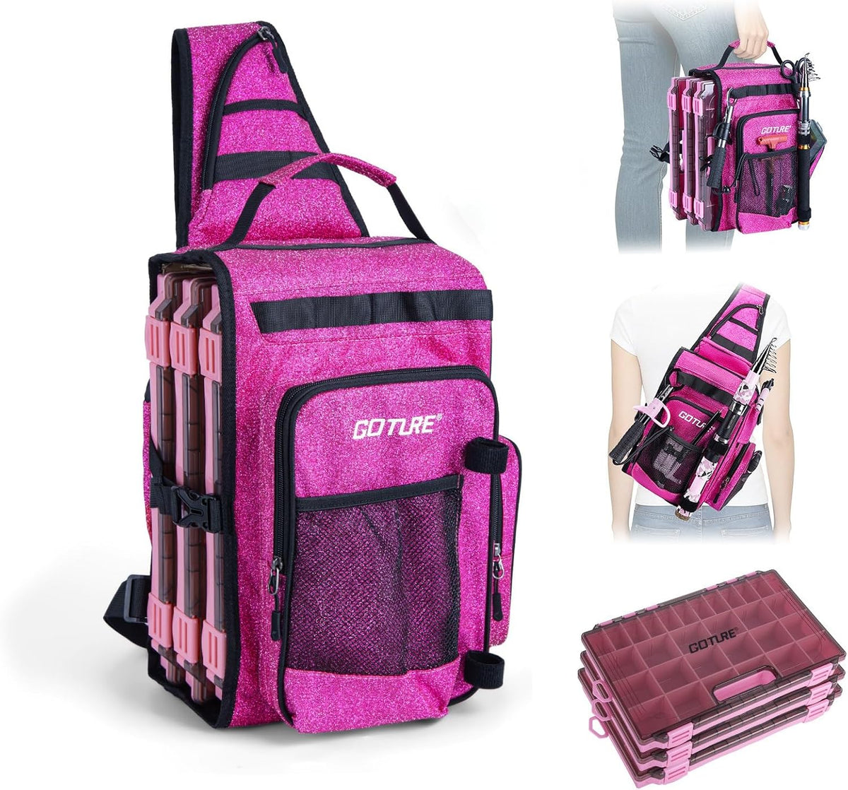 Goture OpenSide Tactical Sling Tackle Bag with 3 Tackle Trays, Lightweight Fishing Backpack Storge Fishing Gear -Shimmering Pink Bag Outdoor,Gift for women