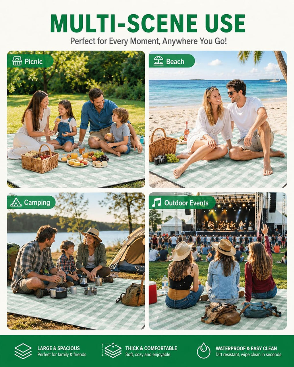 Extra-Thick Padded Large Picnic Blanket with 4 Corner Stakes and Carry Bag