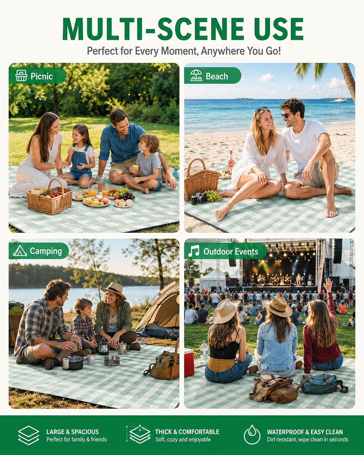 Extra-Thick Padded Large Picnic Blanket with 4 Corner Stakes and Carry Bag