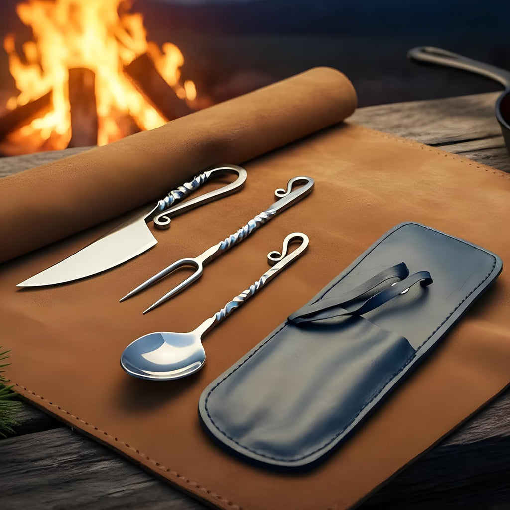Hand Forged Medieval Cutlery Set - Viking Silverware Set With Leather Cover