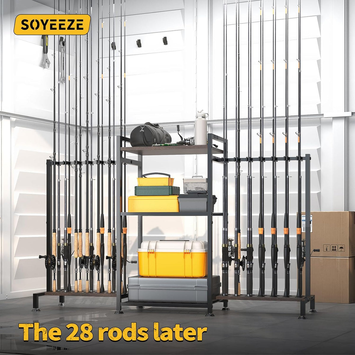 SOYEEZE Fishing Rod Holder for 28 Rods, Ground Stand Fishing Pole Holders for Garage, 3-Sided Vertical Fish Rod Rack for Tackle Box, Fishing Supplies,a Display Fish Gear Storage Gift for Man