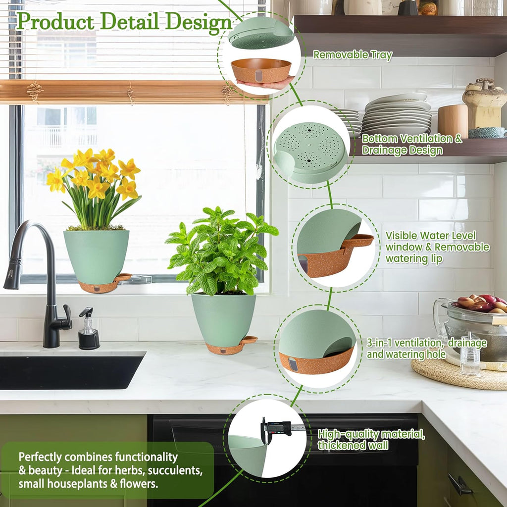 6 Inch Small Plant Pots for Indoor Outdoor Plants, 5-Pack, Self Watering