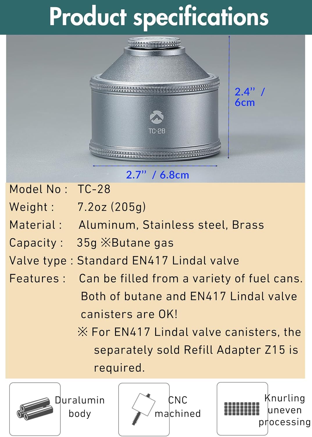 CAMPINGMOON Empty Refillable Gas Canister 35g EN417 Lindal Valve TC-28