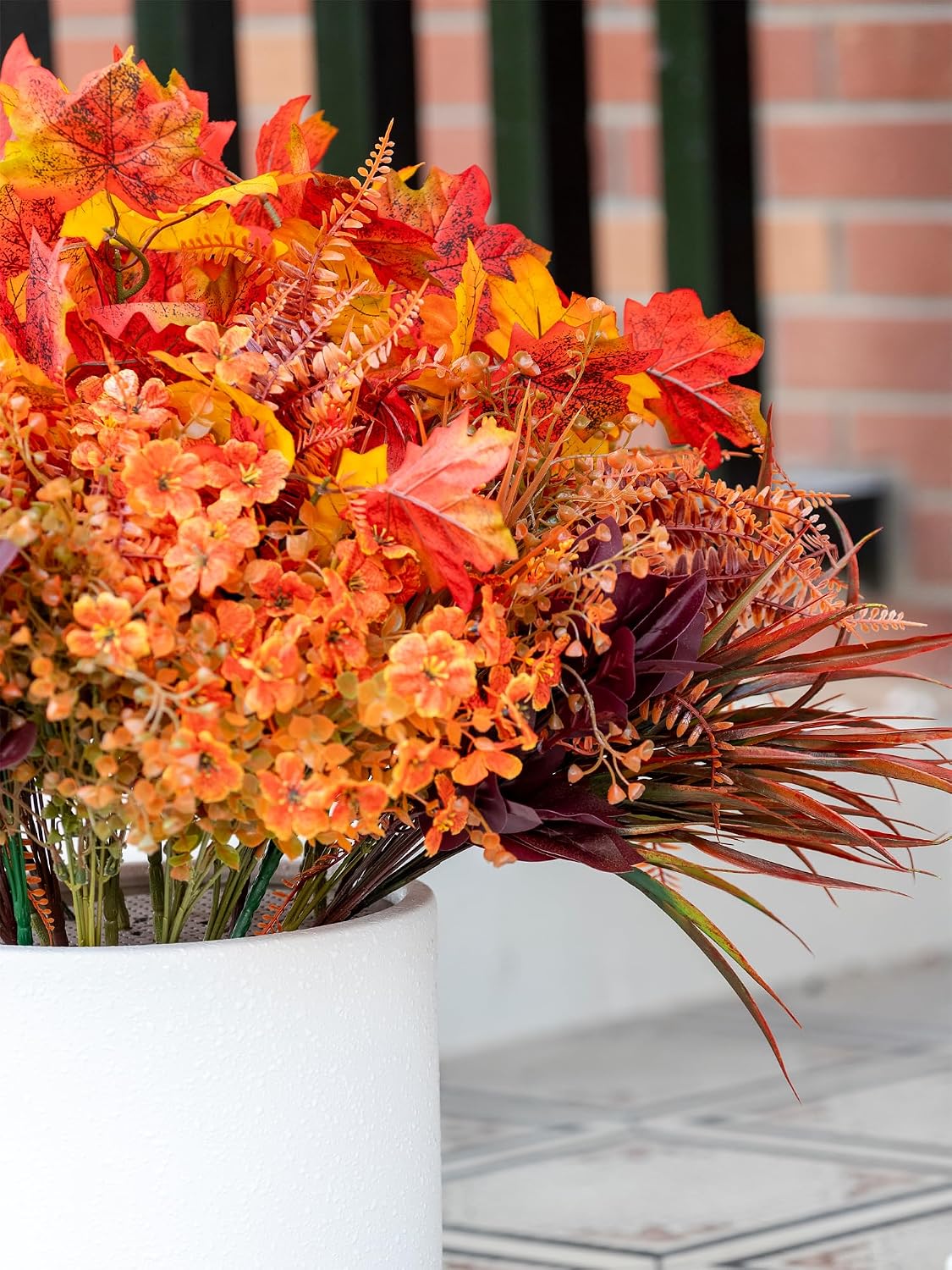 24PCS Artificial Fall Flowers Outdoors, Faux Maples & Mums for Outside