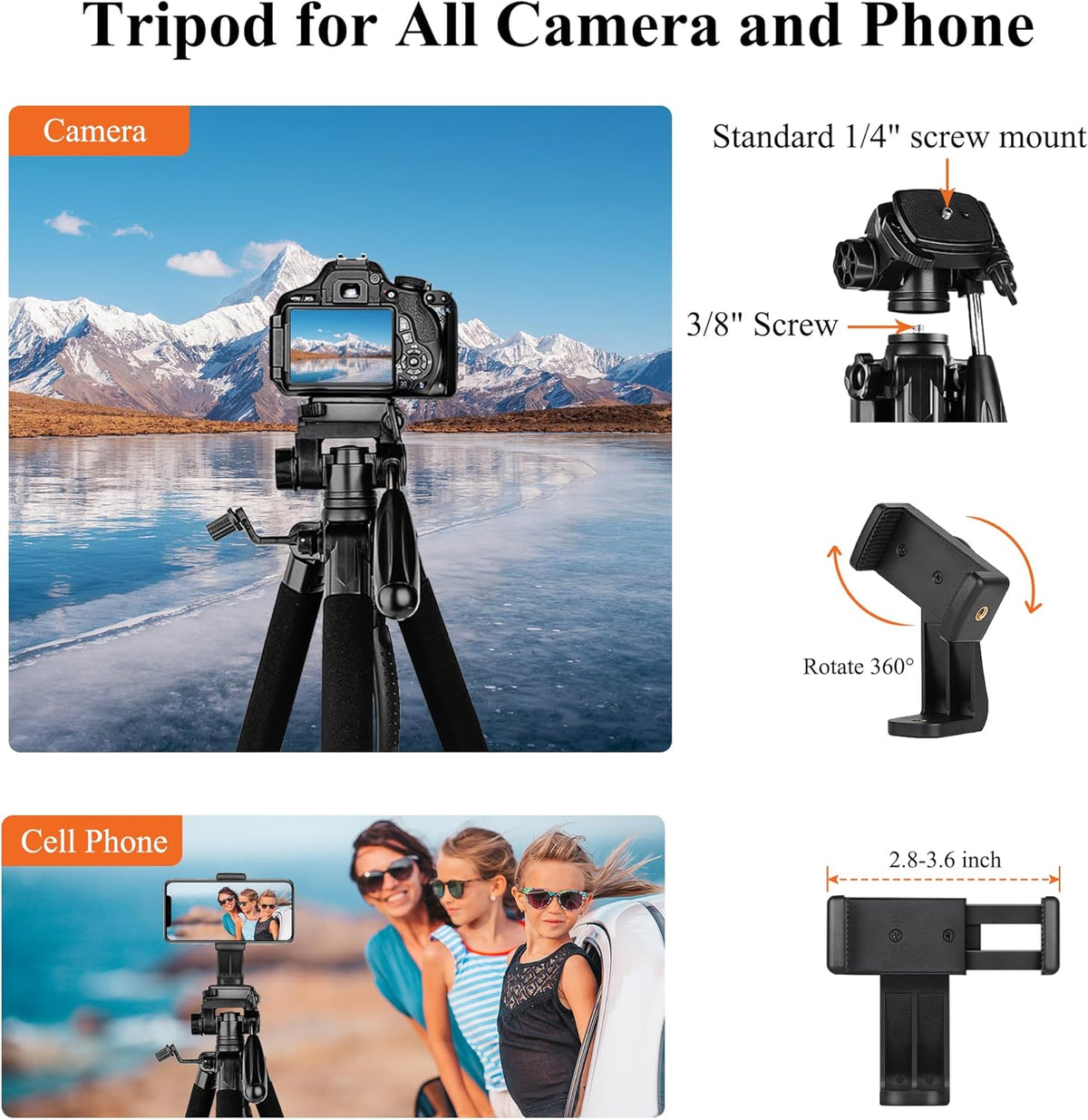Victiv Tripod, 74” Camera Tripod for Cell Phone with Phone Holder, Orange