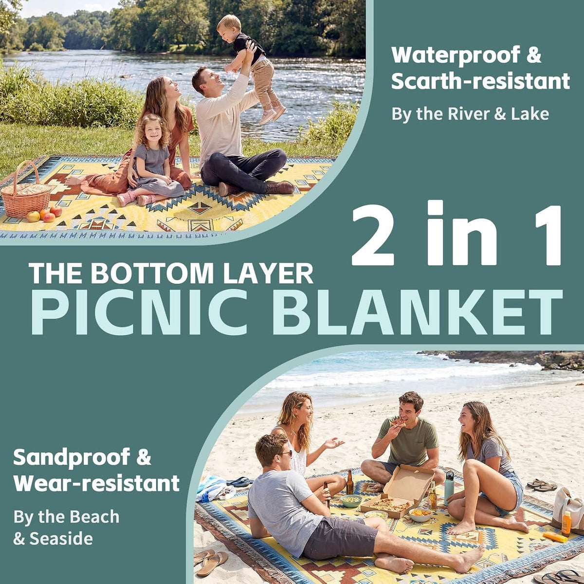 RYCHIC 2 in 1 Extra Large Camping Blanket Outdoor Rug Picnic Yoga Mat Lightweight Car Essential Roadtrip Gadget Rv Accessories Glamping Gear Must Haves Hiking Backpacking Necessities Women Beach Gift