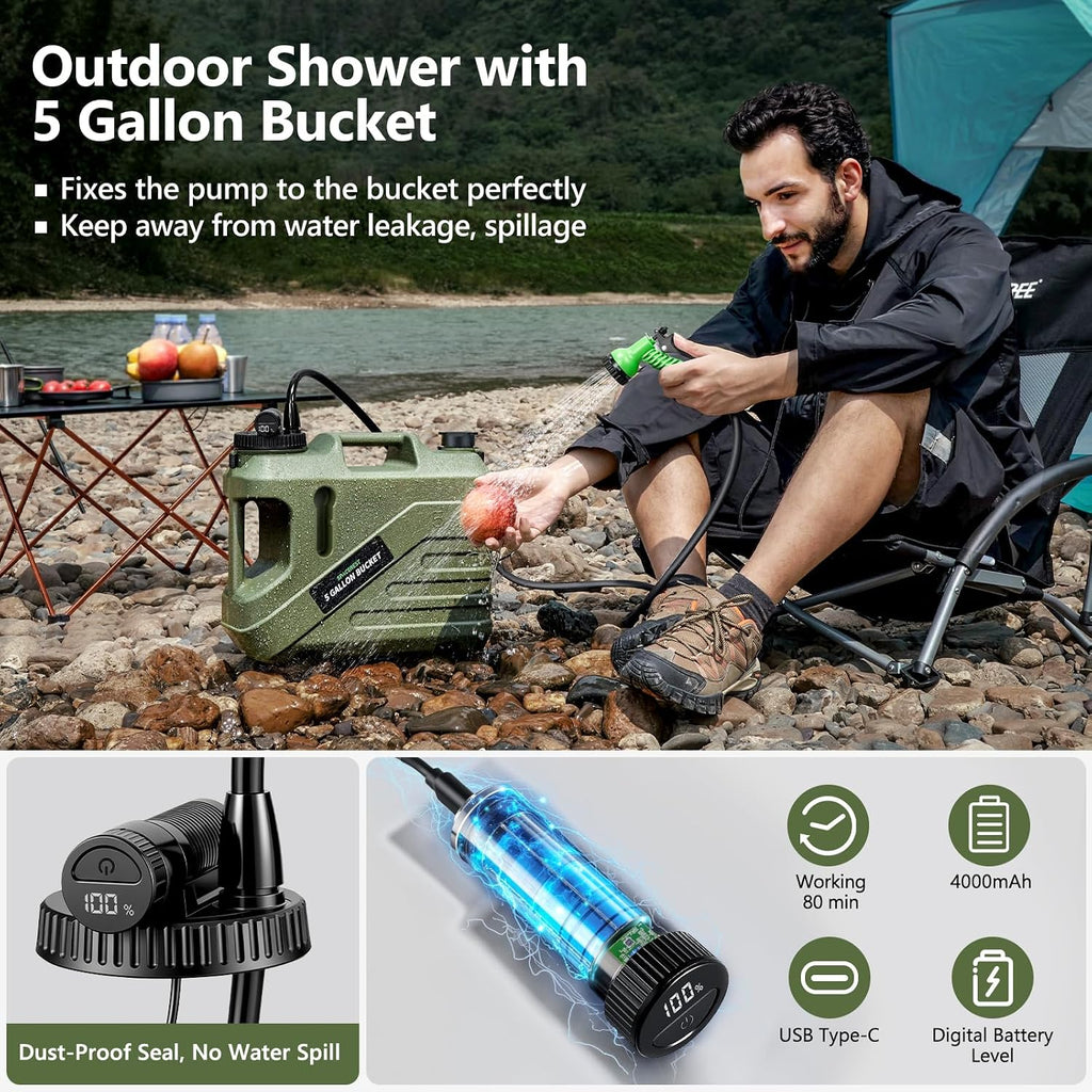 SPACEREST Portable Shower for Camping, 5-Gallon Water Tank, 1 Battery