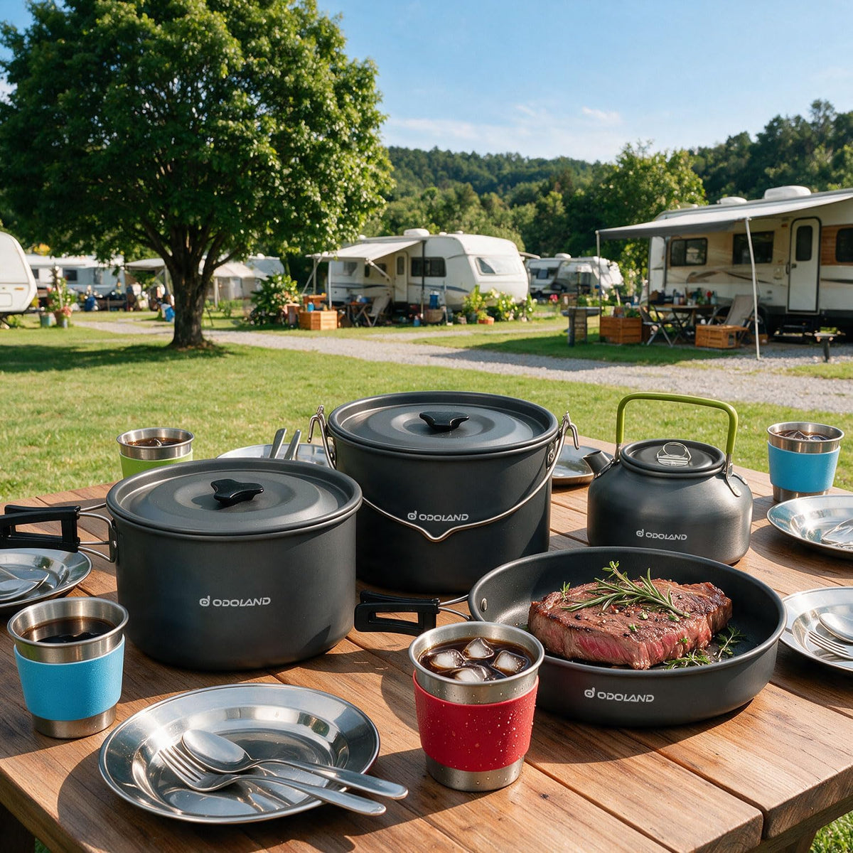 Odoland 39pcs Camping Cookware Mess Kit, Non-Stick Large Size Hanging Pot Pan Kettle with Base Dinner Cutlery Sets for 6 and More, Cups Dishes Forks Spoons Kit for Outdoor Camping Hiking Picnic