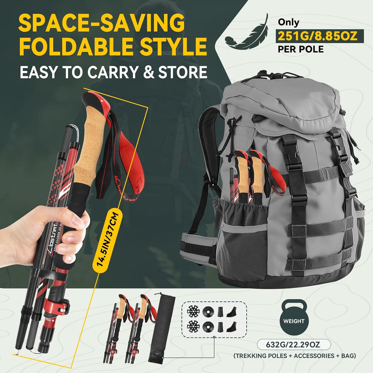 Clostnature Carbon Fiber Collapsible Trekking Poles for Hiking, Walking