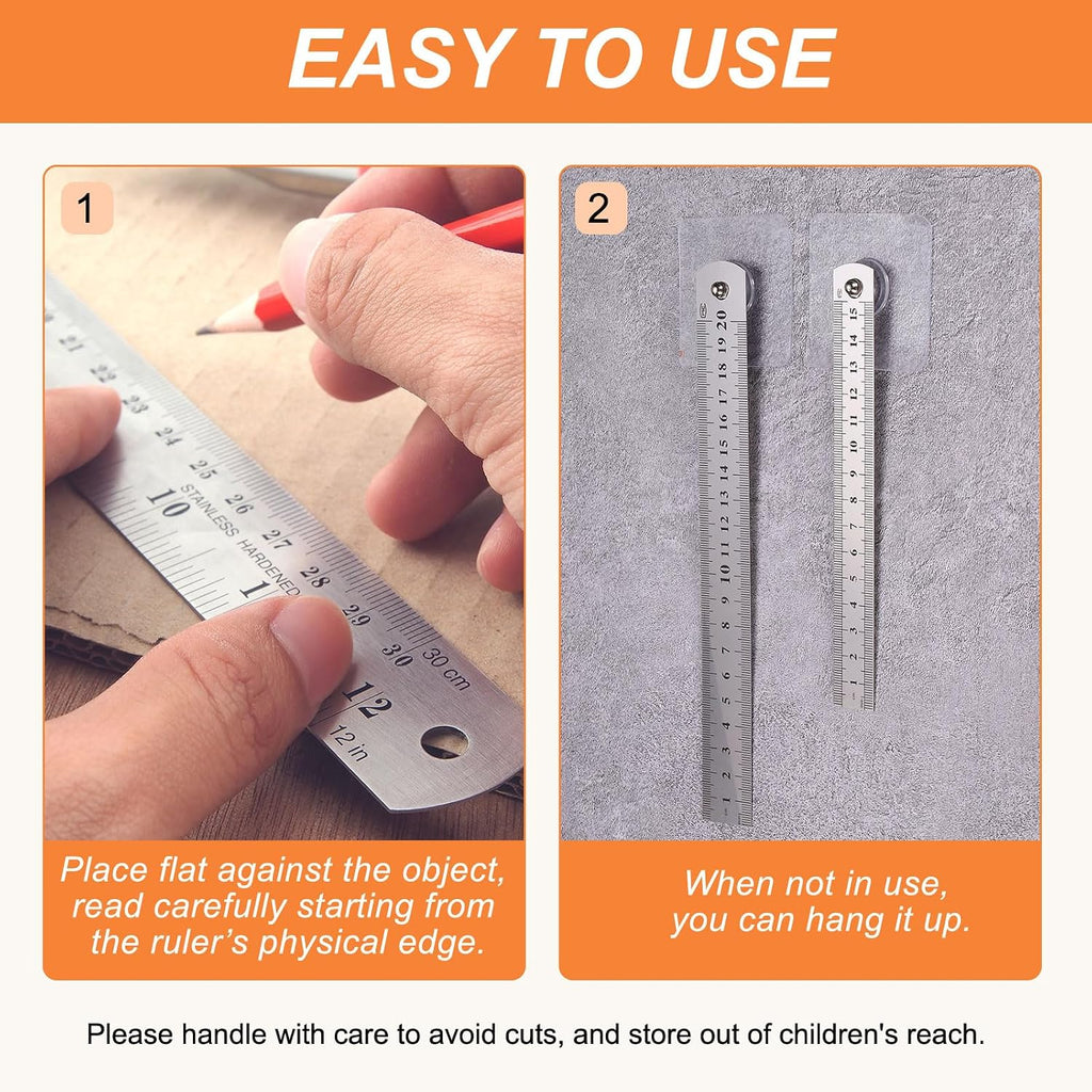 HARFINGTON 12 Pcs Steel Ruler 12" x1-1/32 Machinist Metal Ruler Carbon Steel Metric Straight Edge Measuring Tools 0.6mm Thick for Engineering Architect Drawing Home Office