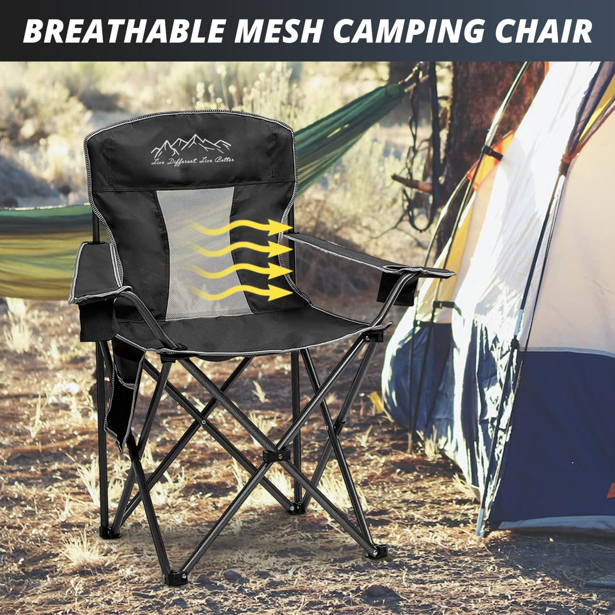 2PCS SAILARY Mesh Folding Camping Chairs, Oversized Portable Outdoor Chairs, Weight Capacity 325 lbs with Cup Holder, Storage Pocket, Carry Bag Black