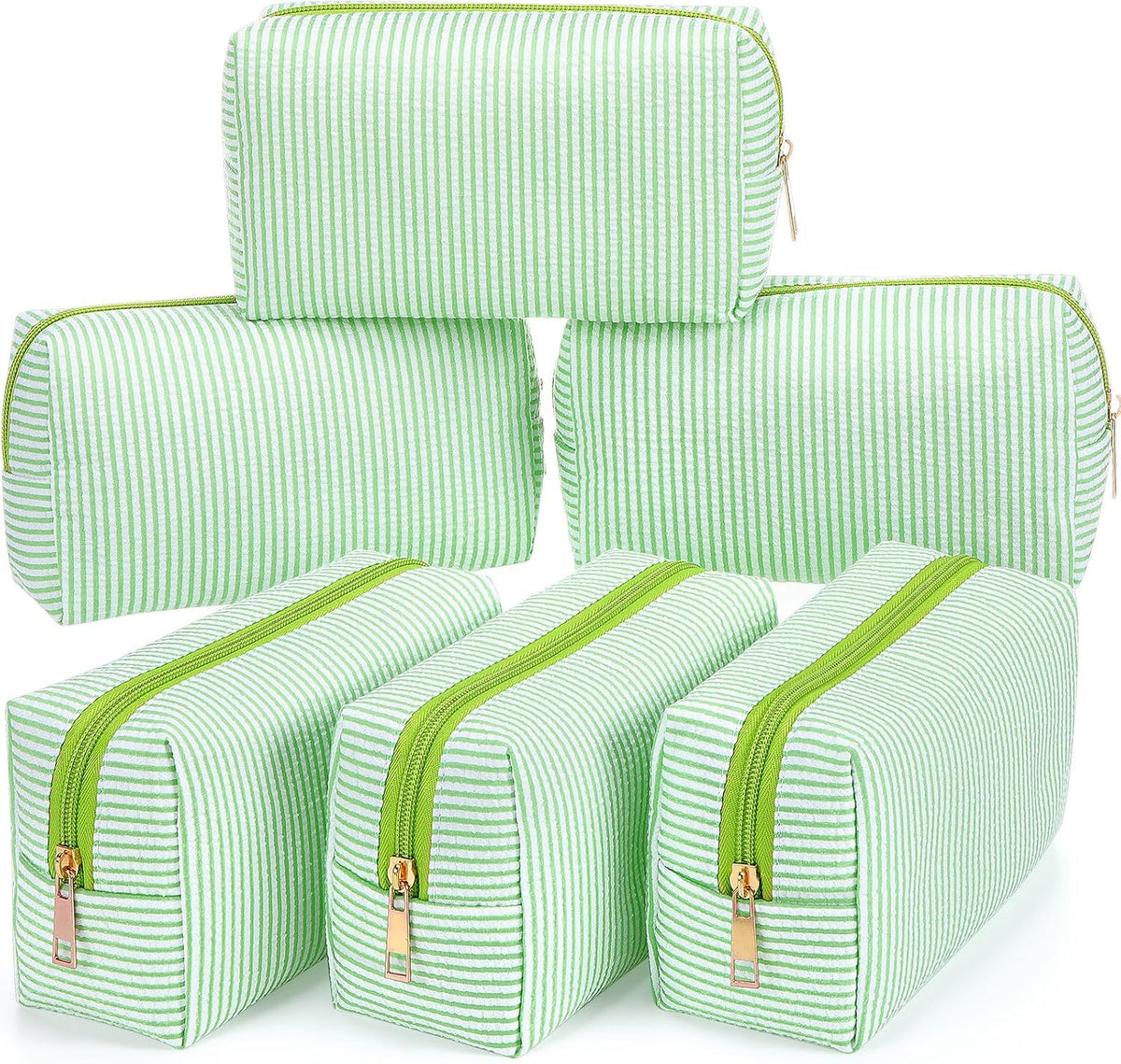Sanwuta 6 Pcs Seersucker Cosmetic Bags Bulk, Striped Zippered,Green