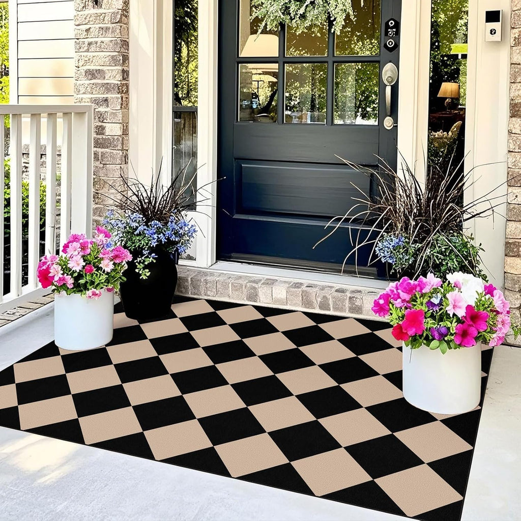 Black Tan Checkered Entry Rug - 3x5 Non-Slip Indoor Outdoor Rugs