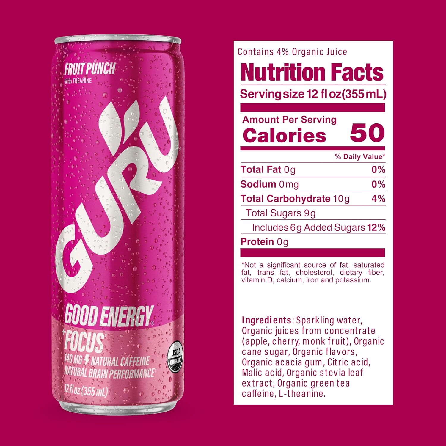 GURU Organic Energy Drink, Fruit Punch, Natural Caffeine, 12 Fl Oz, 24 Pack