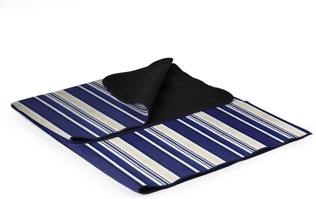 ONIVA Blanket Tote XL Outdoor Picnic Blanket, 70"x80" Foldable Beach Blanket with Fleece Top, Water-Resistant Backing, Strap & Pocket, Portable Mat for 4-5 People by Picnic Time (Blue Stripe/Navy Flap)