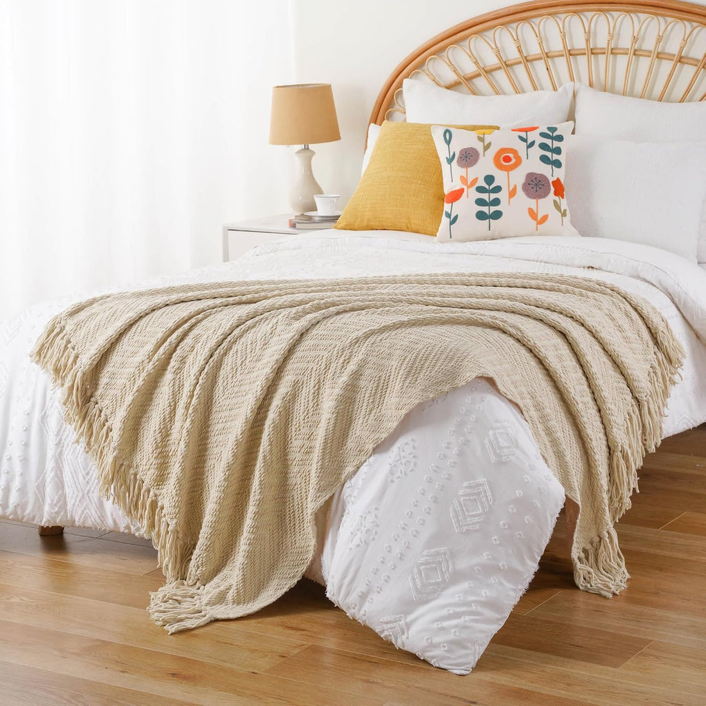 BATTILO HOME Beige Throw Blanket for Couch, Knitted Beige Throw for Bed, Neutral Throw Blankets Tan Throw Blanket for Room Decor Housewarming Gifts, 50" x 60"