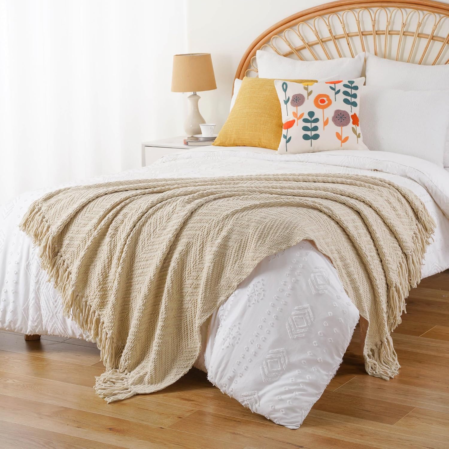 BATTILO HOME Beige Throw Blanket for Couch, Knitted Beige Throw for Bed, Neutral Throw Blankets Tan Throw Blanket for Room Decor Housewarming Gifts, 50" x 60"