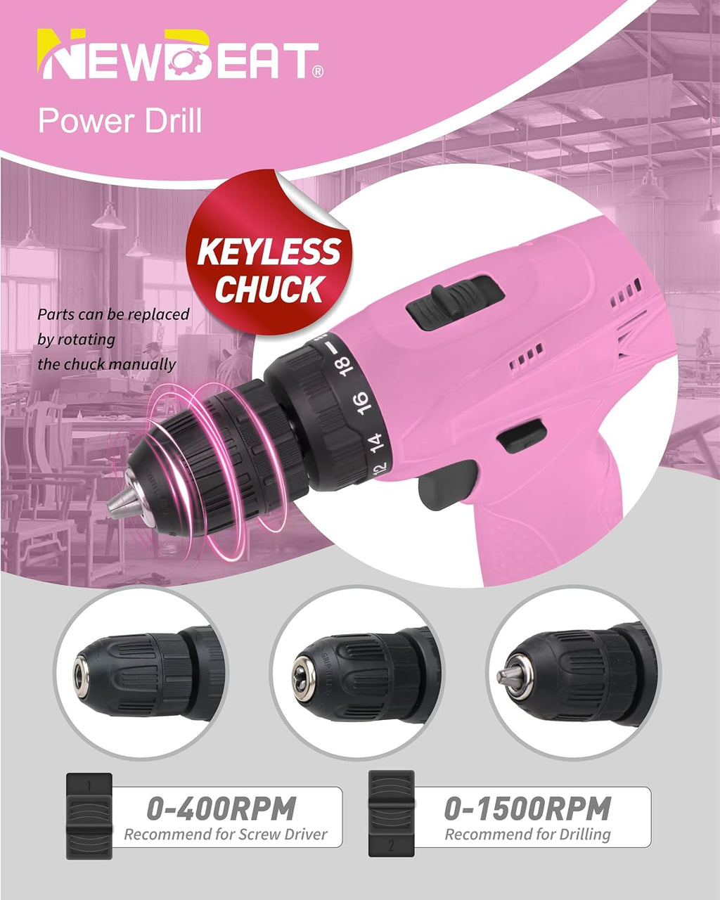 12V Cordless Drill Set with 2 Battery, Pink Drill for Women