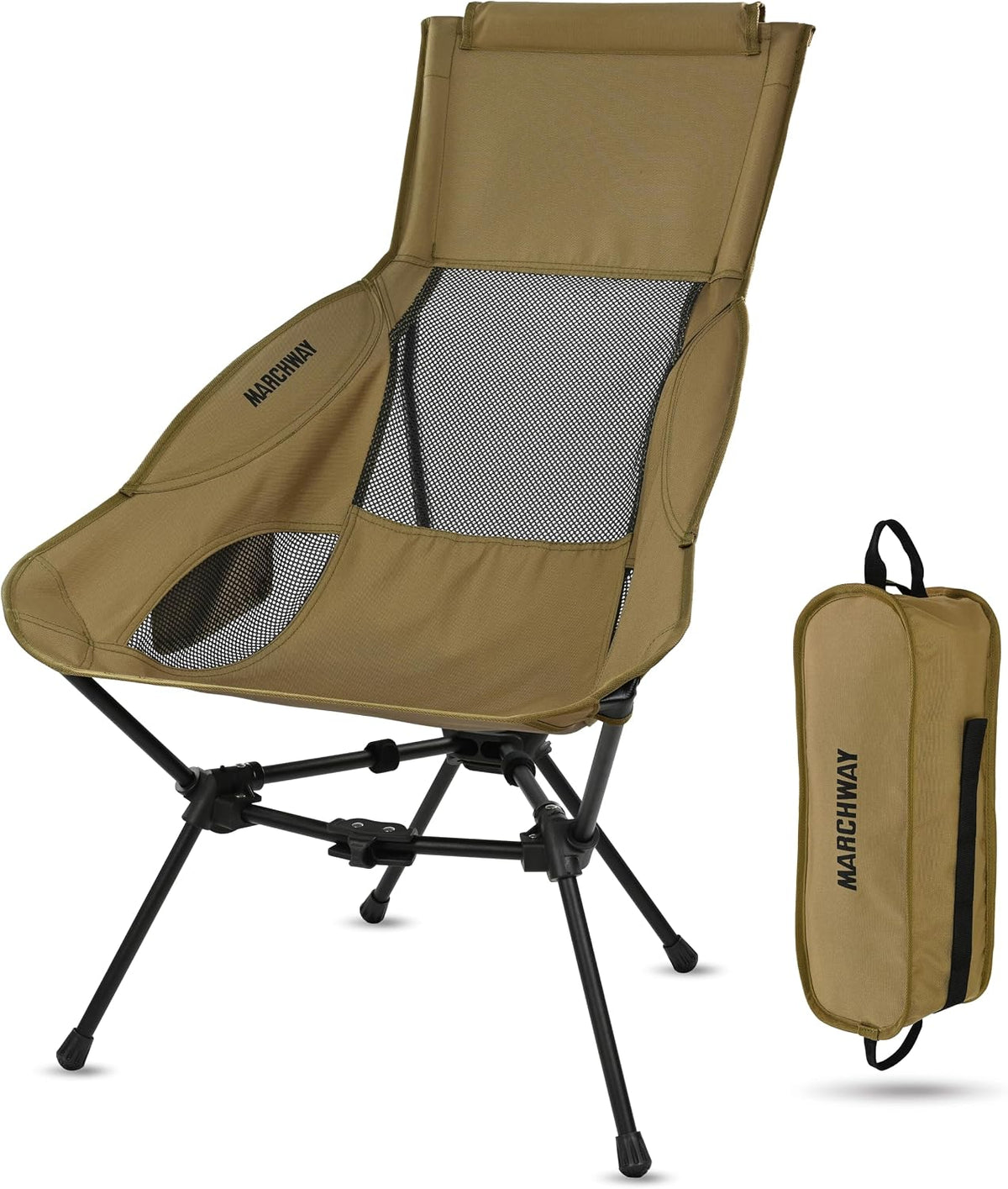 MARCHWAY Lightweight Folding High Back Camping Chair with Head Support, Stable Portable Compact for Outdoor Camp, Travel, Beach, Picnic, Festival, Hiking, Backpacking (Highback Khaki)